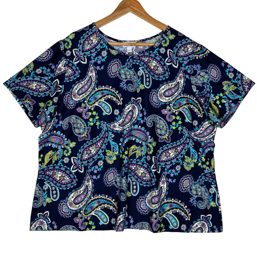 Swim 365 Swim Top Shirt Paisley Print Short Sleeve Womens 1X 22/24 Navy Blue